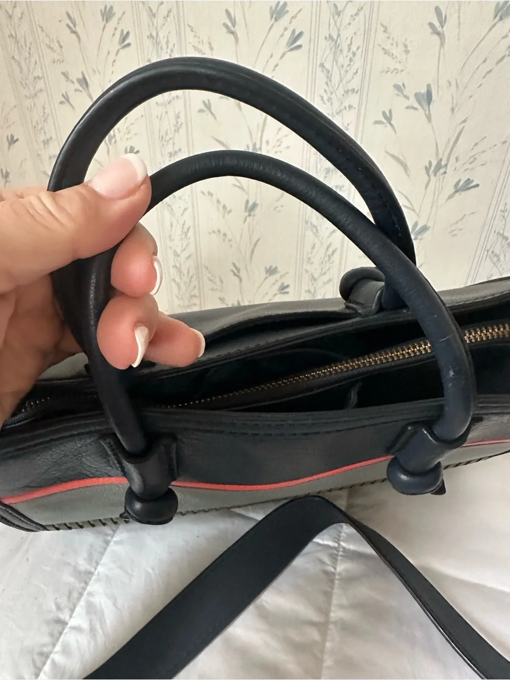Fossil Navy, Gray & Coral Leather Satchel